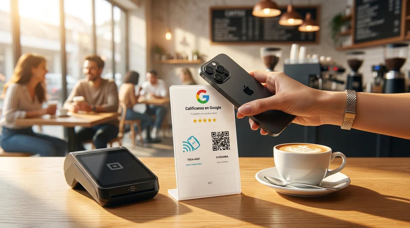 iPhone acercándose al atril blanco ReviewStand con chip NFC en barra de cafetería